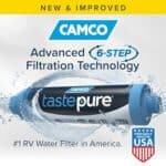 Camco TastePURE RV Water Filter - New & Advanced RV Inline Water Filter with Flexible Hose Protector - GAC & KDF Water Filter - Made in USA - Camping Essentials for Fresh...