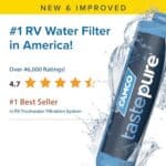 Camco TastePURE RV Water Filter - New & Advanced RV Inline Water Filter with Flexible Hose Protector - GAC & KDF Water Filter - Made in USA - Camping Essentials for Fresh...