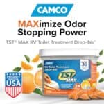 Camco TST MAX Camper / RV Toilet Treatment Drop-INs - Control Unwanted Odors & Break Down Waste and Tissue - Safe Septic Tank Treatment - Orange Scent, 30-Pack (41183)