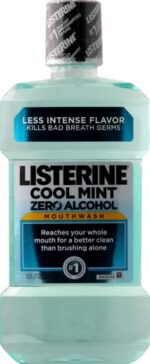 Listerine Zero Alcohol Mouthwash, Alcohol-Free Oral Rinse to Kill 99% of Germs That Cause Bad Breath for Fresh Breath & Clean Mouth, Less Intense Taste, Cool Mint Flavor, 1 L