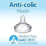 Dr. Brown's Natural Flow Level 2 Wide-Neck Baby Bottle Silicone Nipple, Medium Flow, 3m+, 100% Silicone Bottle Nipple, count 6 (Pack of 1)