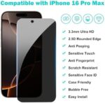 Pehael [3+3Pack] Privacy Screen Protector for iPhone 16 Pro Max with Camera Lens Protector Full Coverage Anti-Spy Tempered Glass Film 9H Hardness Upgrade Edge Protection Easy...